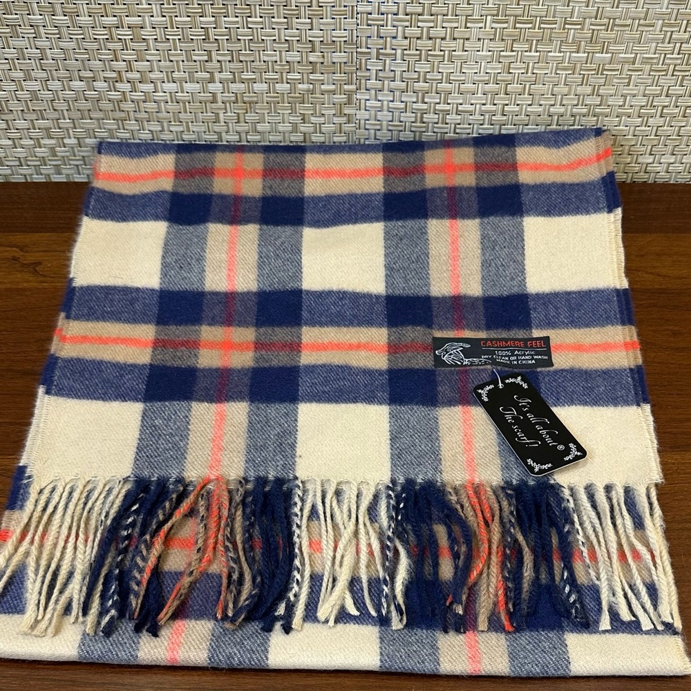 🌟HP🌟Camel Tan & Navy Blue Plaid Oversized Cashmere Feel Scarf 100% Acrylic